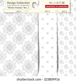 Set of 3 winter paisley vector seamless patterns: main pattern with peony and dahlia and two companions. Performed as textile sampler on hanger. Seamless patterns inside EPS file in swatches panel