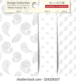 Set of 3 winter paisley vector seamless patterns: main pattern with pickle and buta and two companions. Performed as textile sampler on hanger. Seamless patterns inside EPS file in swatches panel