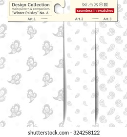 Set of 3 winter paisley vector seamless patterns: main pattern with bud and flower and two companions. Performed as textile sampler on hanger. Seamless patterns inside EPS file in swatches panel