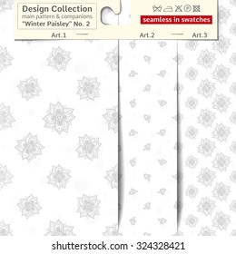 Set of 3 winter paisley vector seamless patterns: main pattern with peony and dahlia and two companions. Presented as textile sampler on hanger. Seamless patterns inside EPS file in swatches panel.