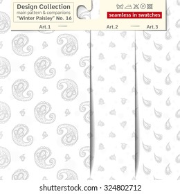 Set of 3 winter paisley vector seamless patterns: main pattern with bud and flower and two companions. Performed as textile sampler on hanger. Seamless patterns inside EPS file in swatches panel
