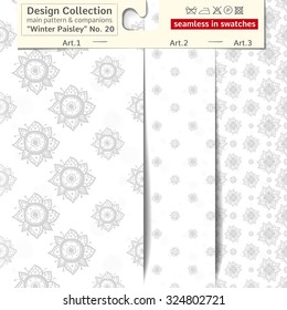 Set of 3 winter paisley vector seamless patterns: main pattern with dahlia and peony and two companions. Performed as textile sampler on hanger. Seamless patterns inside EPS file in swatches panel