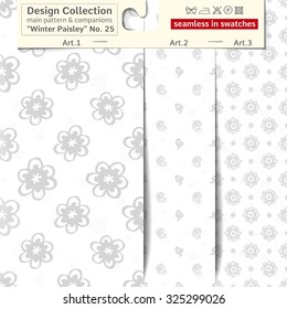 Set of 3 winter paisley vector seamless patterns: main pattern with daisy and flower and two companions. Performed as textile sampler on hanger. Seamless patterns inside EPS file in swatches panel
