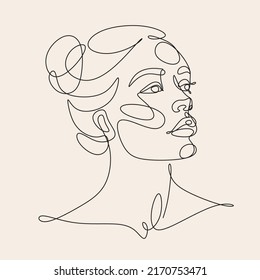 Set of 3 Woman Line Art Minimalist Print. Cosmetics Makeup Hair stylist.  Feminine Illustration line drawing. Woman face with beautiful hair.  Woman portrait. Abstract Modern surreal continuous