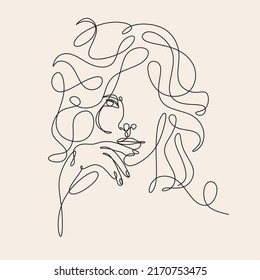 Set of 3 Woman Line Art Minimalist Print. Cosmetics Makeup Hair stylist.  Feminine Illustration line drawing. Woman face with beautiful hair.  Woman portrait. Abstract Modern surreal continuous