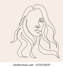 Set of 3 Woman Line Art Minimalist Print. Cosmetics Makeup Hair stylist.  Feminine Illustration line drawing. Woman face with beautiful hair.  Woman portrait. Abstract Modern surreal continuous