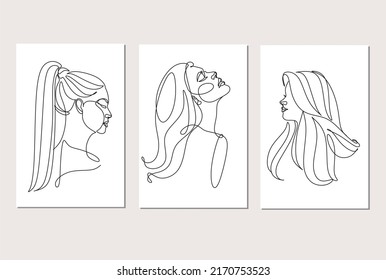 Set von 3 weiblichen Linie Art Minimalist Print. Kosmetik Make-up Haar Treppe.  Feminine Illustration Linie Zeichnung. FrauenGesicht mit schönem Haar.  Frauenporträt. Abstrakt Moderne surreale Kontinuität