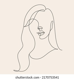 Set of 3 Woman Line Art Minimalist Print. Cosmetics Makeup Hair stylist.  Feminine Illustration line drawing. Woman face with beautiful hair.  Woman portrait. Abstract Modern surreal continuous