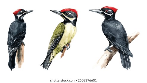 Set of 3 Woodpecker Watercolor Illustration Set. Hand-Drawn Realistic Green and Black Woodpeckers Collection. Forest Birds on White Background.