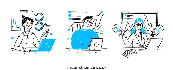 Set of 3 workers sitting in front of laptop.Charts, data graphic. People have a lot of work to do. Overworking character, home office deadline. Surprised  remote worker or freelancer vector concept