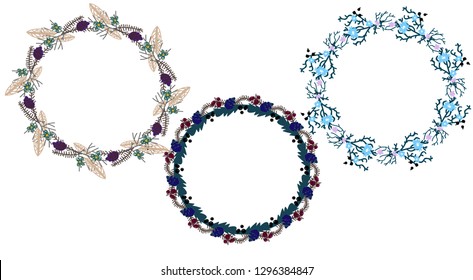 Set: 3 wreaths of branches, pine cones and flowers. EPS10