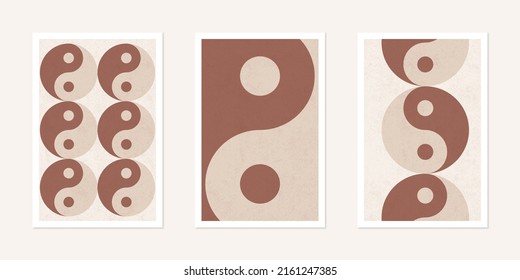 Set of 3 yin and yang paintings. Minimalist design background for wall decoration.
