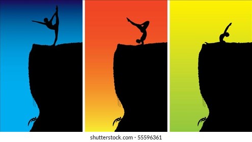 A set of 3 yoga positions on the top of a rock with a colorful background.
