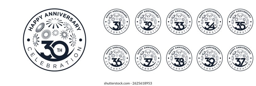set of 30 to 39th anniversary logotype design, with black color fireworks for celebration event, wedding, and birthday, vector illustration