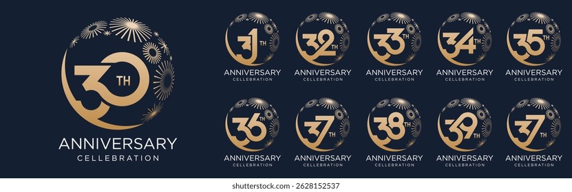 set of 30 to 39th anniversary logotype design, with golden fireworks for celebration event, wedding, and birthday, vector illustration