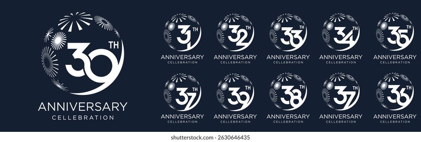 set of 30 to 39th anniversary logotype design, with white color fireworks for celebration event, wedding, and birthday, vector illustration