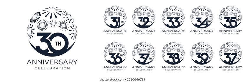 set of 30 to 39th anniversary logotype design, with black color fireworks for celebration event, wedding, and birthday, vector illustration