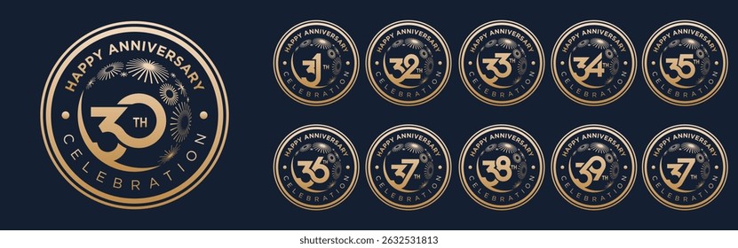 set of 30 to 39th anniversary logotype design, with golden fireworks for celebration event, wedding, and birthday, vector illustration