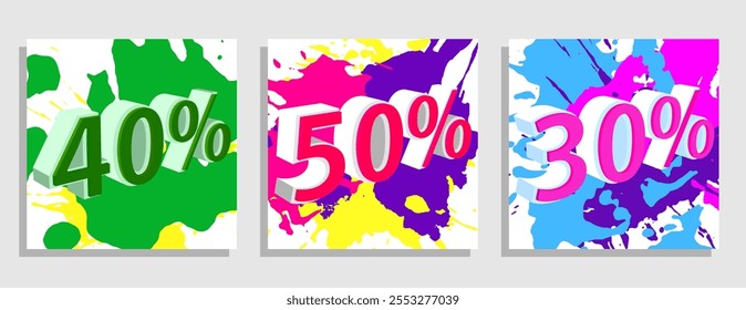 Set of 30, 40 and 50 discounts on purchases square templates with droped colored blots and dots of paint splatter. Isometric discount Christmas New Year cards. Isolated vector on white background