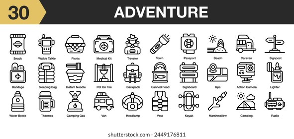 Set of 30 adventure icon set. Includes beach, backpack, gps, picnic, snack and More. Outline icons vector collection.