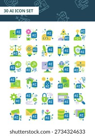 Conjunto de 30 AI, Ícone plano de inteligência artificial, Ilustração vetorial