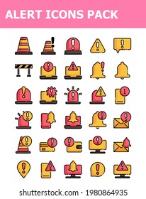 set of 30 alert, warning icons pack filled outline  style vector illustration