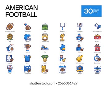 Set of 30 American Football Icons, Including Athlete, Badge, Champion Ring, and More – Vector Illustrations