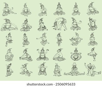 Un conjunto de 30 poses de yoga tailandés antiguo de 80 poses.