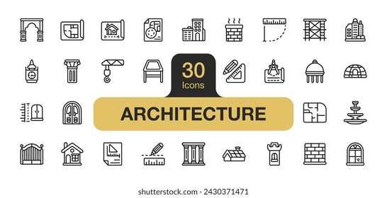 Set of 30 Architecture icon element set. Includes house, building, dome, wall, blueprint, tower, and More. Outline icons vector collection.