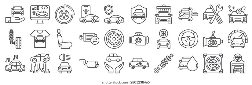 Set of 30 automotive ecommerce thin line vector icons including car, auto parts, transmission, exhaust, manuals, gadgets, maintenance and detailing