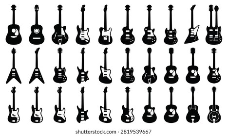 A set of 30 basic guitar silhouette vector icon illustrations on a white background