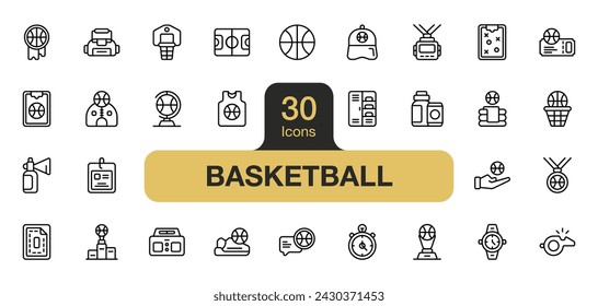 Set of 30 Basketball icon element sets. Includes ball, field, card, jersey, strategy, badge, winner, and More. Outline icons vector collection.