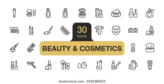 Conjunto de 30 conjuntos de elementos de iconos de belleza y cosméticos. Incluye lápiz labial, máscara, delineador de ojos, sombra de ojos, base, corrector y más. Colección de vectores de iconos de contorno.