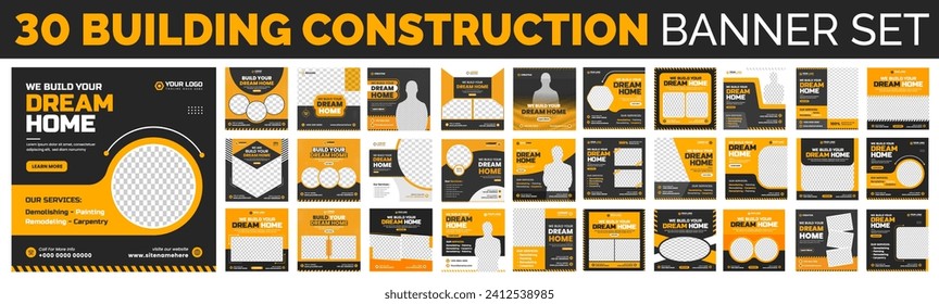 set of 30 big mega collection bundle building Construction, home improvement, home repair social media post banner design Template with yellow color, Corporate construction tools banner design.