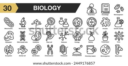 Set of 30 Biology icon set. Includes amoeba, ecology, virus, dna, cell, blood, and More. Outline icons vector collection.
