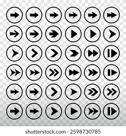Set of 30 black arrow icons in circles. Includes various arrow styles: right, left, forward, backward, play, pause, fast forward. Element vector set.