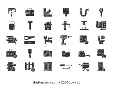 Set of 30 black glyph icons for construction, renovation, repair, and home improvement. Includes tools, equipment, and home features.