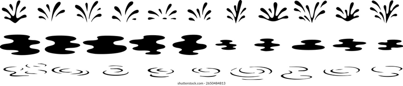 Set of 30 black water splash, puddle, and ripple silhouettes. Includes various liquid shapes for use in comics, animations, infographics, or weather-related visuals