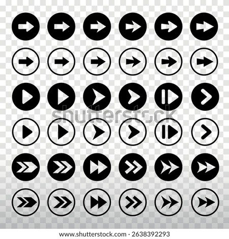 Set of 30 black and white arrow icons. Includes play, pause, and forward symbols. Circular design. Ideal for media controls. Element vector set.
