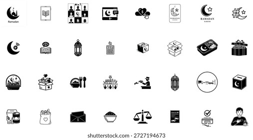 Eine Reihe von 30 schwarz-weißen Symbolen, die verschiedene Themen rund um den Ramadan Kareem darstellen, darunter Essen, Geschenke und Symbole für Frieden und Gerechtigkeit. Die Symbole sind einfach, aber detailliert und können für verschiedene Entwurfszwecke verwendet werden, z. B. für Logos, Grafiken und Illustrationen.