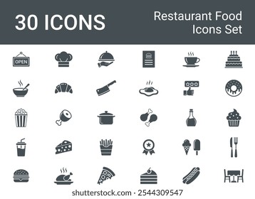 Set of a 30 black and white Restaurant Food Menu Icons Set. represent
food items, beverages, kitchen utensils, and service elements related to restaurants. Vector Illustration