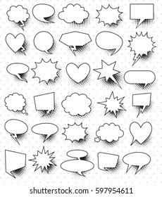 set of  30 blank effects template comic speech bubbles halftone dot background style pop art.