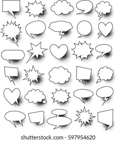 set of  30 blank effects template comic speech bubbles halftone dot background style pop art.