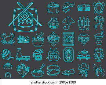 Set of 30 blue flat line vector icons for elements of asian seafood menu on black background
