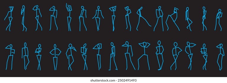 A set of 30 blue matchstick models captured in diverse fashion poses. This minimalist design offers dynamic and expressive silhouettes, making it ideal for editorial projects, fashion illustrations.