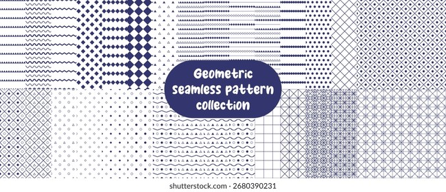 Set of 30 blue on white seamless geometric pattern, including lines, circles, triangles, zigzag, wavy lines and rhombus shapes, abstract minimalist backgrounds for wrapping paper textile Modern design