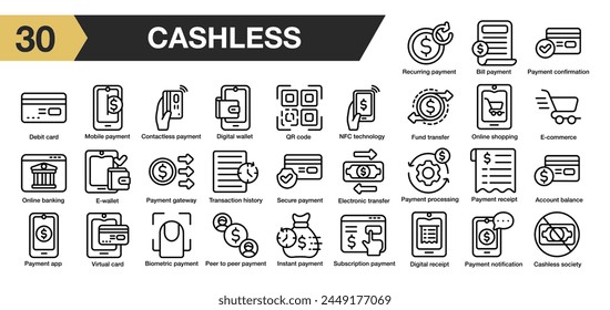 Satz von 30 bargeldlosen Symbolsatz. Beinhaltet Zahlung, Rechnung, Banking, Geldbörse, QR-Code, sicher und mehr. Gliederungssymbole Vektorgrafik Kollektion.