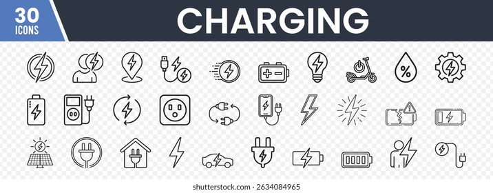 Conjunto de 30 iconos de carga con pernos de relámpago, baterías, enchufes y vehículos eléctricos en un estilo de arte de línea minimalista para aplicaciones de energía, Tecnología y interfaz de usuario
