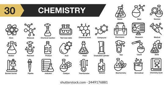 Set of 30 chemistry icon set. Includes acid, base, flask, research, solid, solvent, and More. Outline icons vector collection.