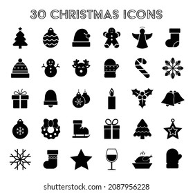 set of 30 Christmas icons, Christmas-tree decorations, patterns for greeting cards, flat vector illustration isolated on white background